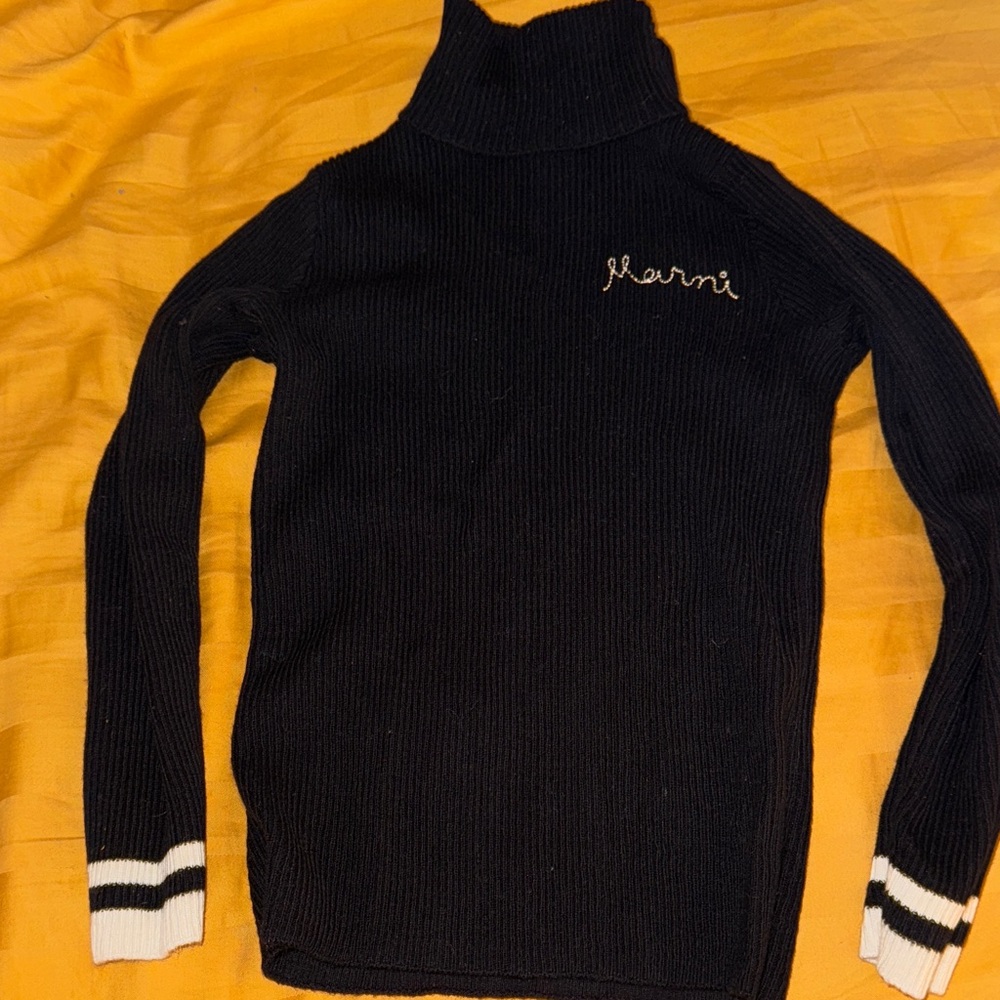 Marni Black Ribbed Turtleneck with White Stripes
